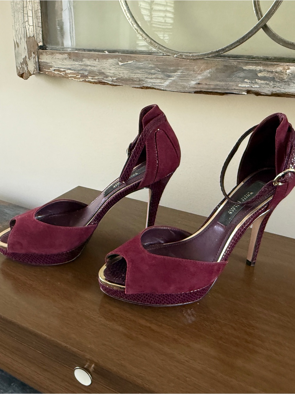 White House Black Market Plum Suede Peep-Toe Stiletto Heels with Ankle Strap